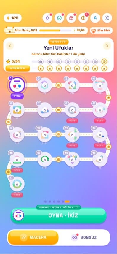 Adventure tab with the Yeni Ufuklar season map: a winding path of level nodes, star counts and a big play button