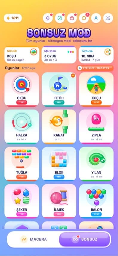 Endless mode hub with daily, marathon and tournament cards above a grid of all mini-game tiles