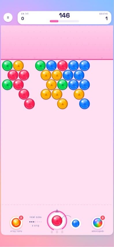 BALON gameplay: a bubble shooter with clusters of red, green, orange and blue bubbles and an aiming launcher