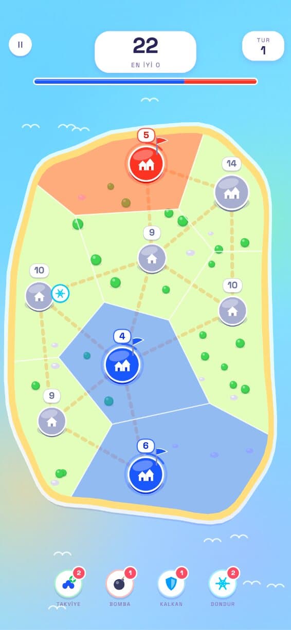 FETIH gameplay: a territory conquest map where blue and red regions with unit counts fight for control