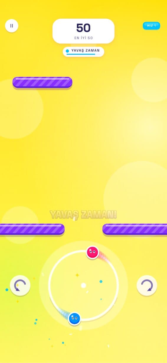 IKIZ gameplay: two linked balls spin around a circle as purple bars with gaps scroll down toward them