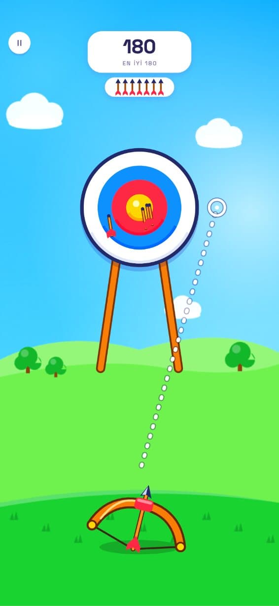 OKCU gameplay: a bow aims at a bullseye target on a stand over green hills