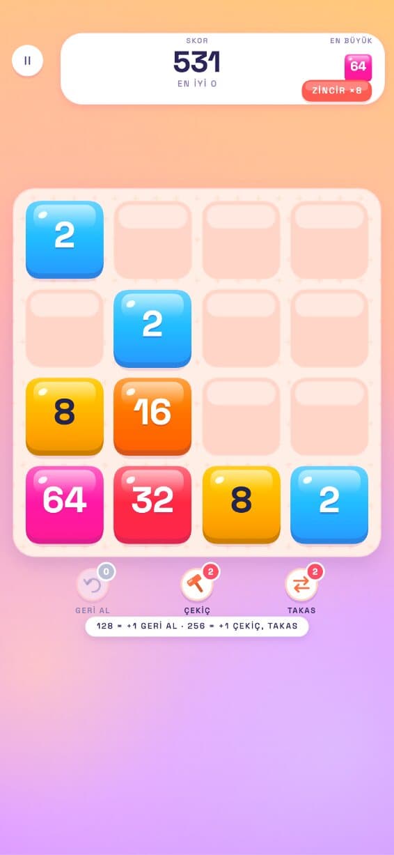 SAYI gameplay: a 2048-style number merge board with coloured tiles from 2 to 64
