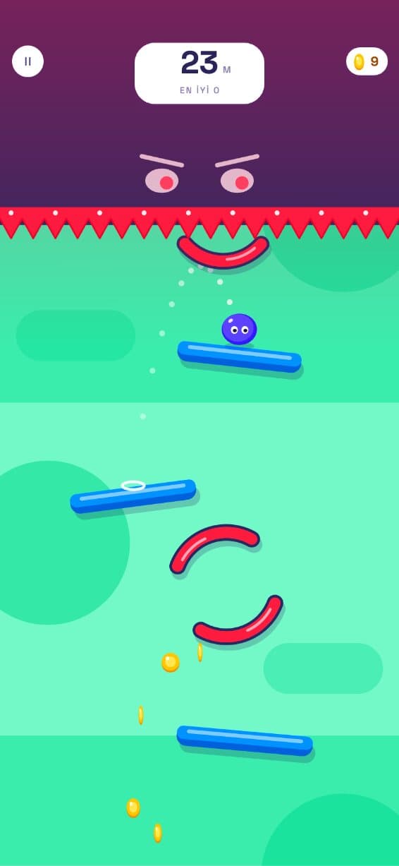 SEKME gameplay: a ball bounces between blue platforms and rotating red arcs beneath a toothy monster