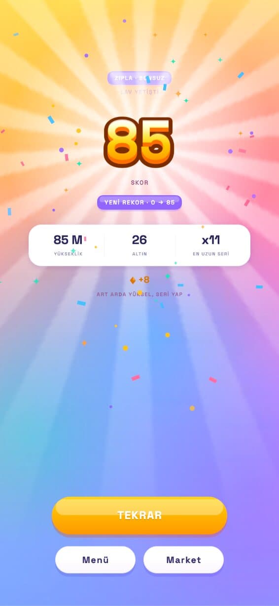 ZIPLA gameplay: a character bounces up a column of floating green platforms between clouds, collecting coins