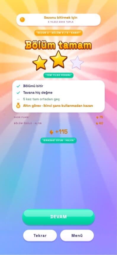 Level complete screen with two of three stars, completed objectives, coin reward and continue buttons