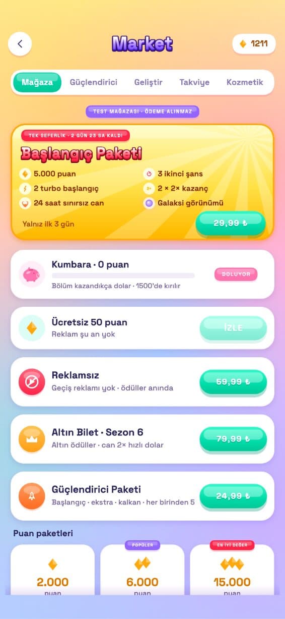 Market shop screen with a starter pack offer, piggy bank, remove-ads, golden ticket pass and coin bundles
