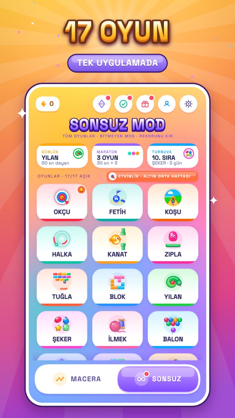 Halka menu showing all 17 mini games