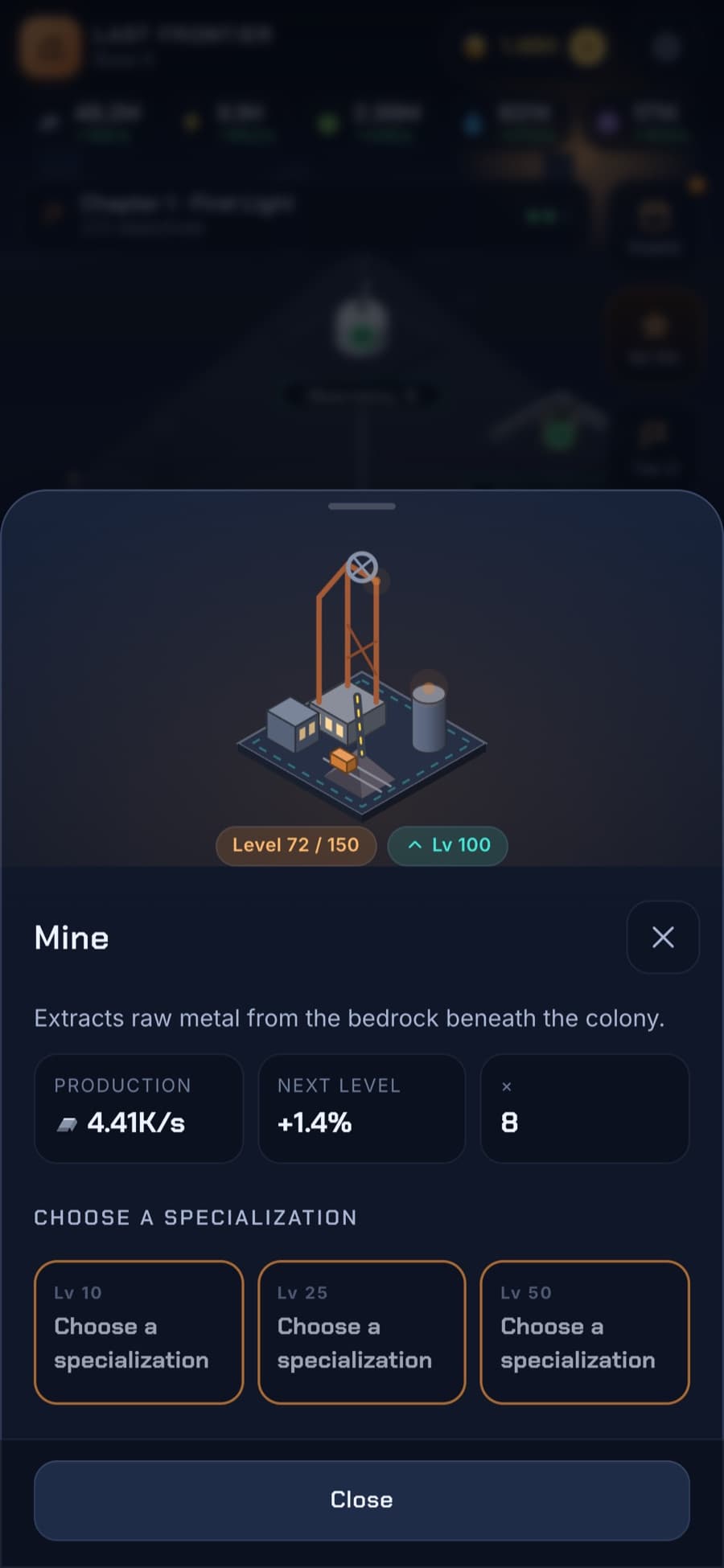 Building sheet for the level 72 Mine showing production per second, next-level gain and three specialization choices