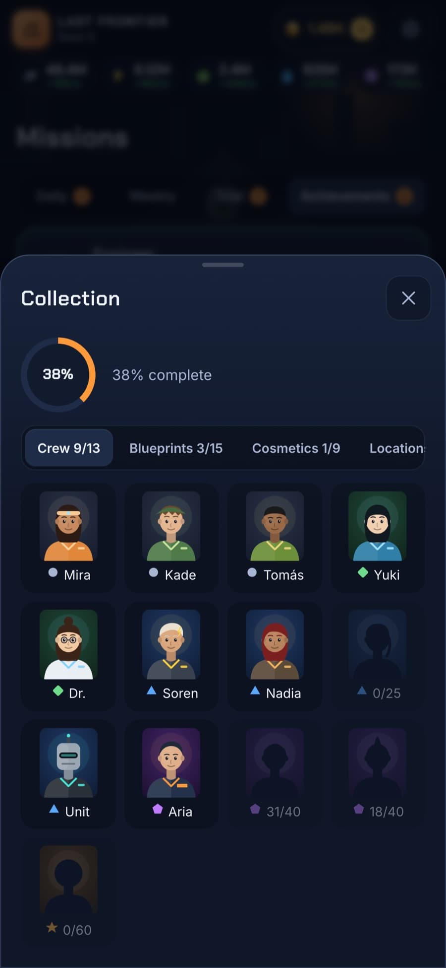 Collection screen at 38 percent complete with tabs for crew, blueprints, cosmetics and locations and a grid of crew portraits