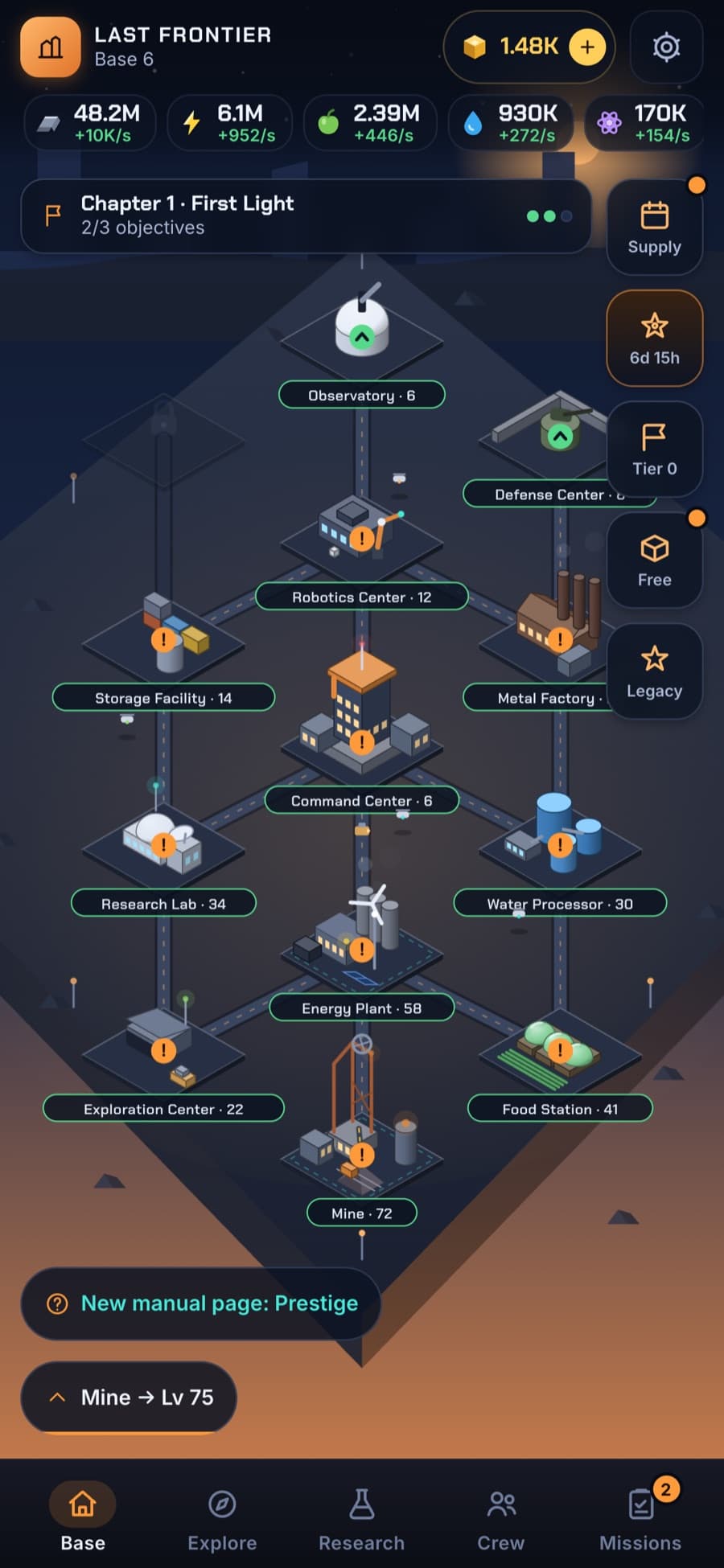 Last Frontier colony view: an isometric night-time city of upgraded buildings (mine, energy plant, labs, observatory) linked by glowing roads, with resource counters across the top