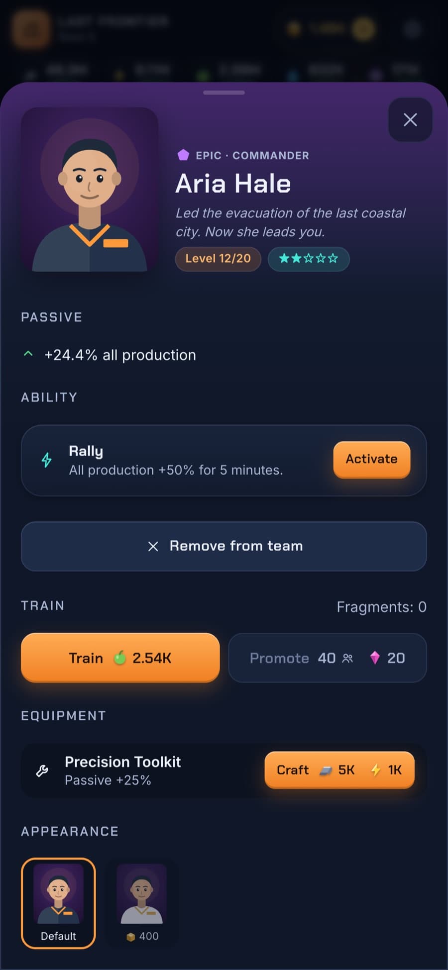 Crew detail for Aria Hale, an epic commander, showing her passive bonus, Rally ability, training, equipment and appearance options