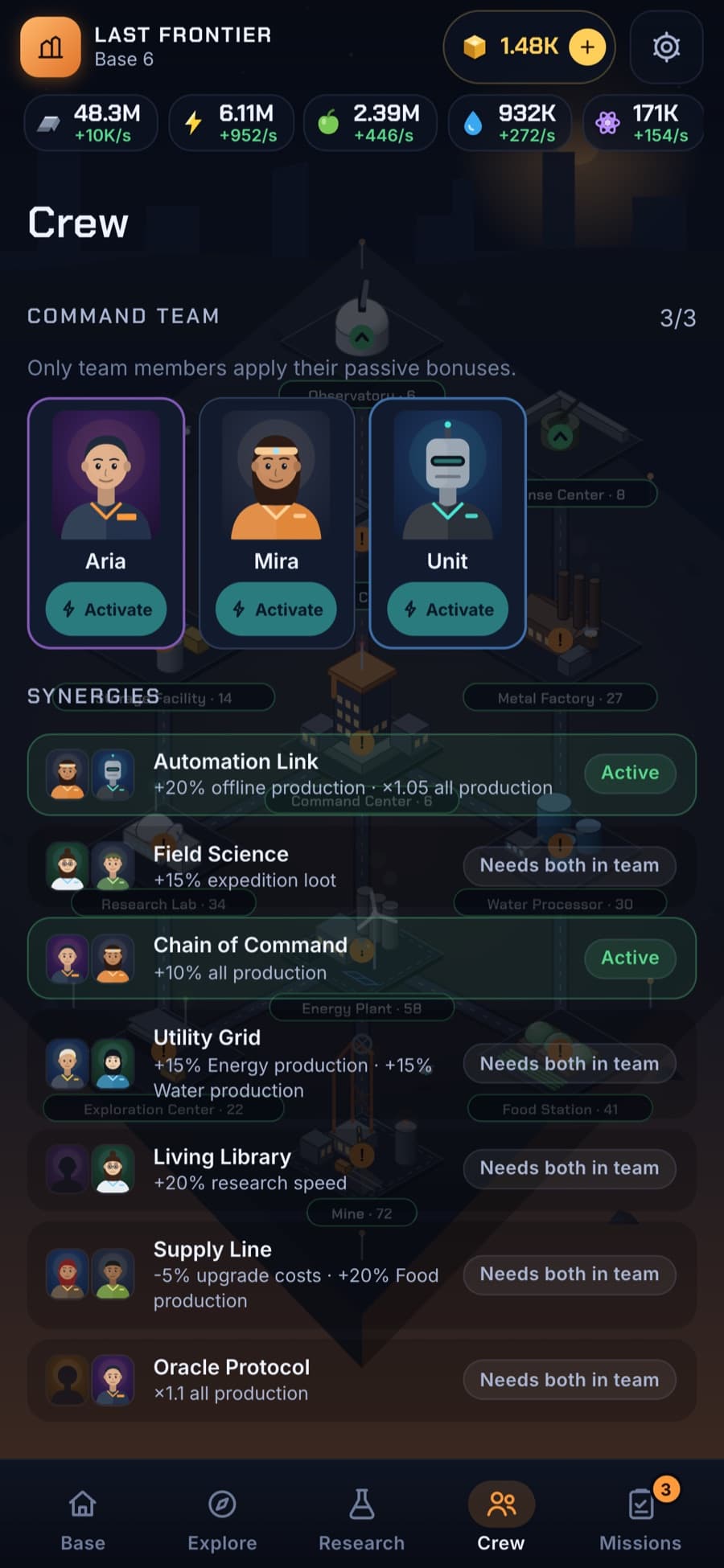 Crew screen with a three-member command team and a list of team synergies such as Automation Link and Chain of Command