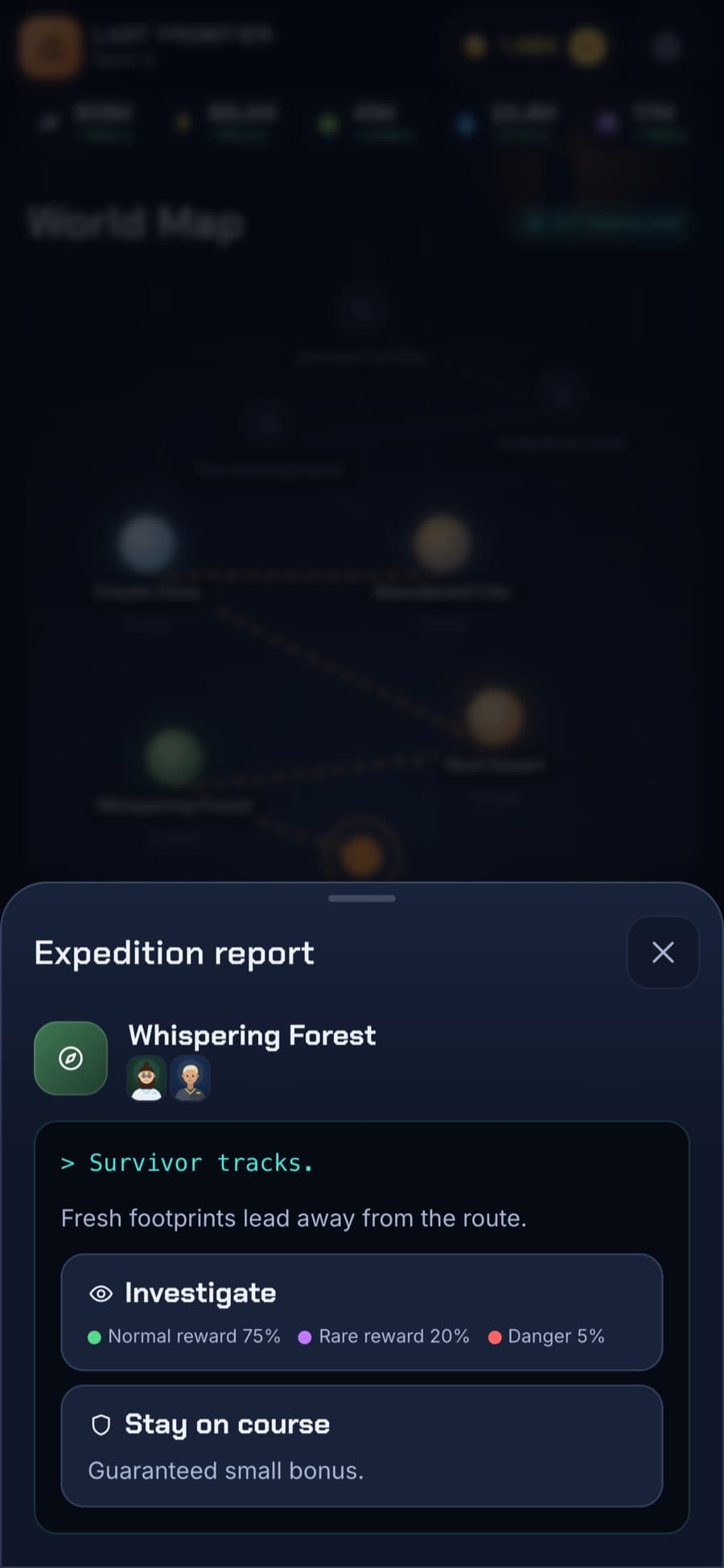 Expedition report from Whispering Forest with an encounter decision: investigate survivor tracks for better odds or stay on course for a guaranteed bonus