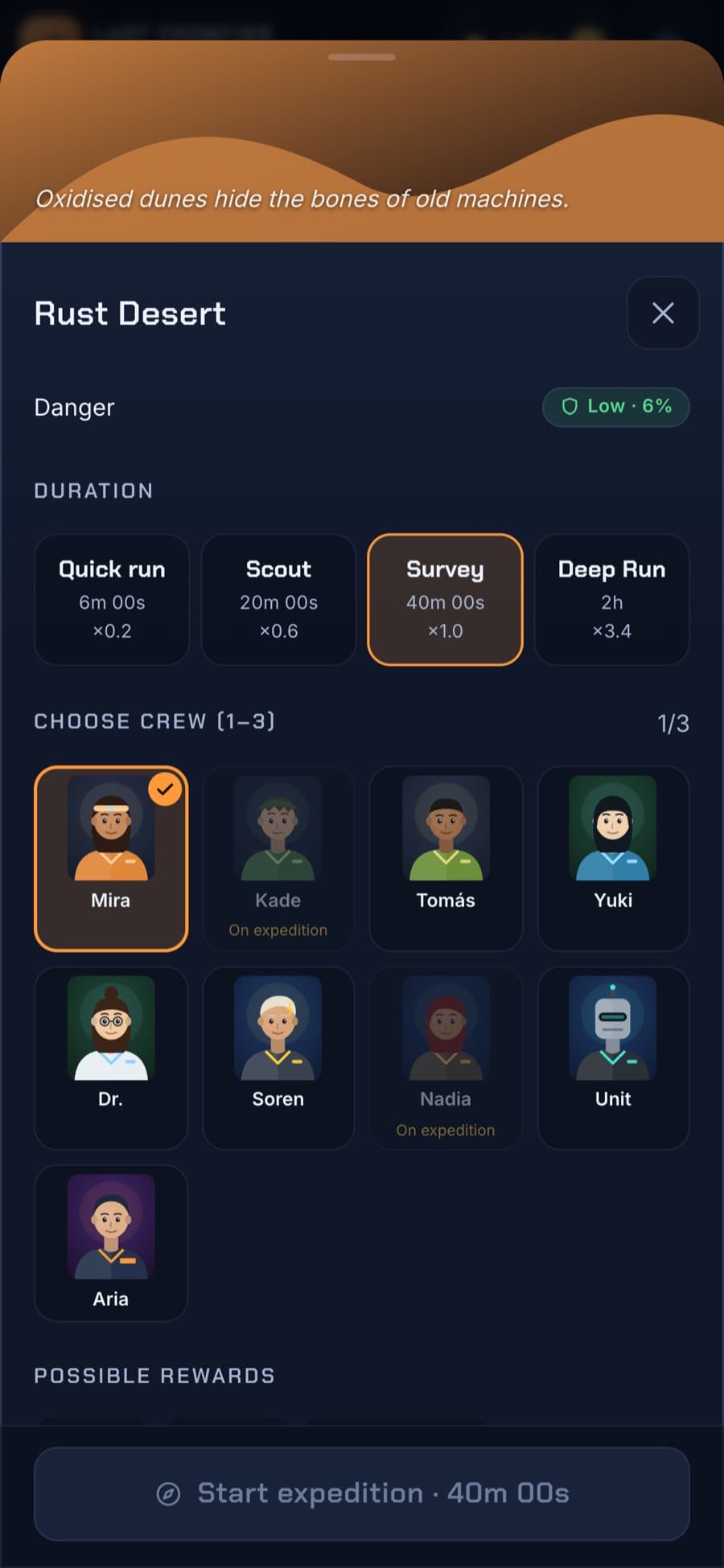 Rust Desert expedition setup: danger rating, four duration options and a crew picker with illustrated portraits