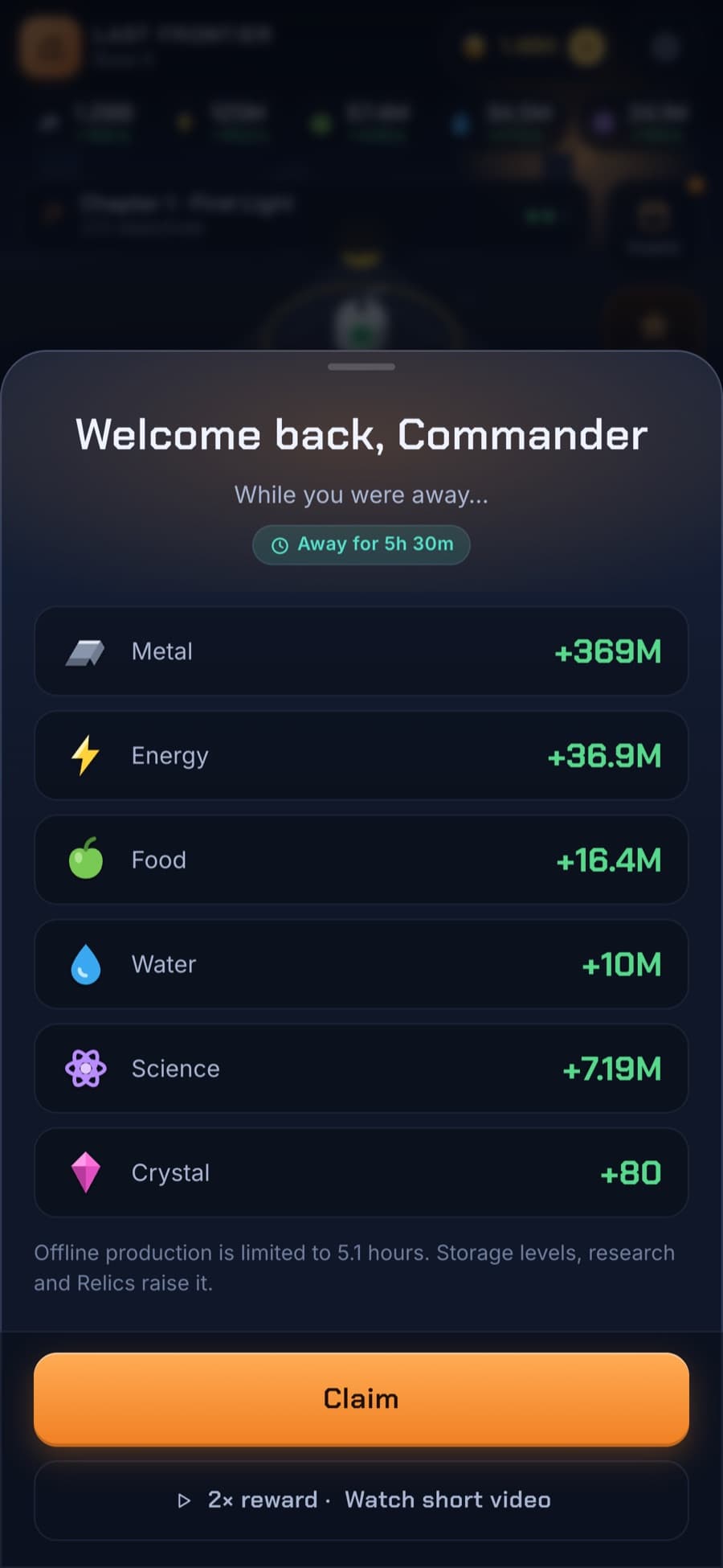 Welcome back popup listing resources earned during 5.5 hours away, including metal, energy, food, water, science and crystal