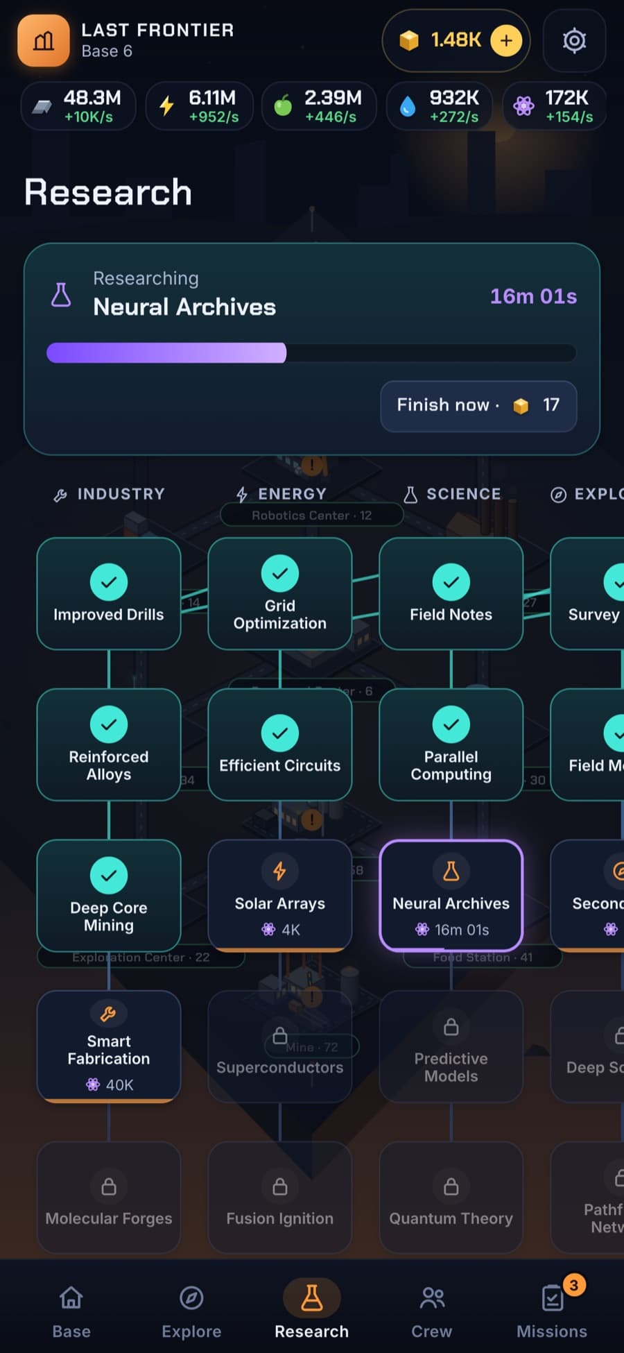Research tree across Industry, Energy and Science branches with completed, in-progress and locked nodes, and Neural Archives being researched