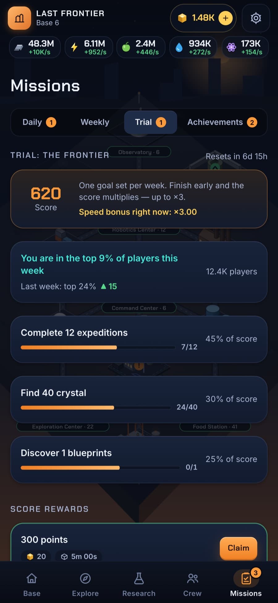 Weekly Trial screen with a 620 score, a x3 speed bonus, a top 9 percent standing and progress bars for each objective
