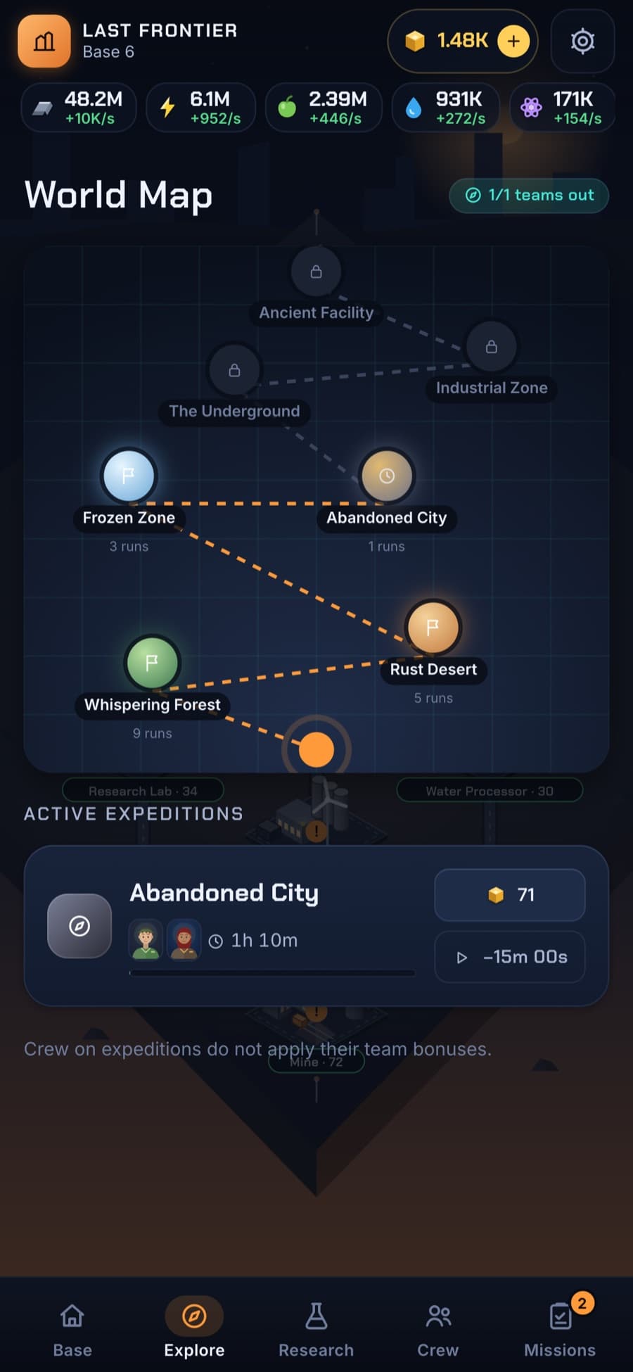 Expeditions world map with discovered regions such as Whispering Forest, Rust Desert and Frozen Zone, and an active expedition to the Abandoned City