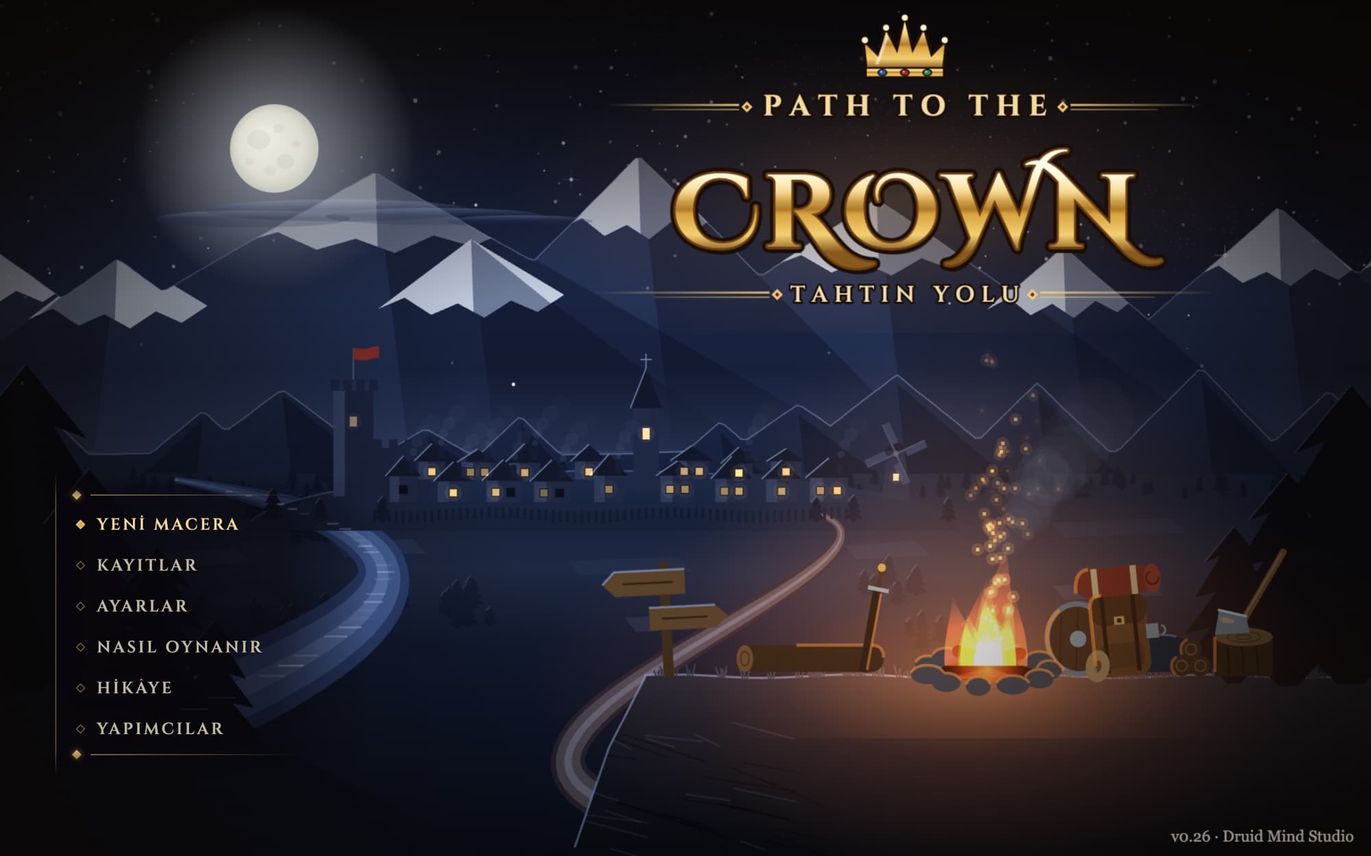 Path to the Crown title screen — a night camp below the mountains