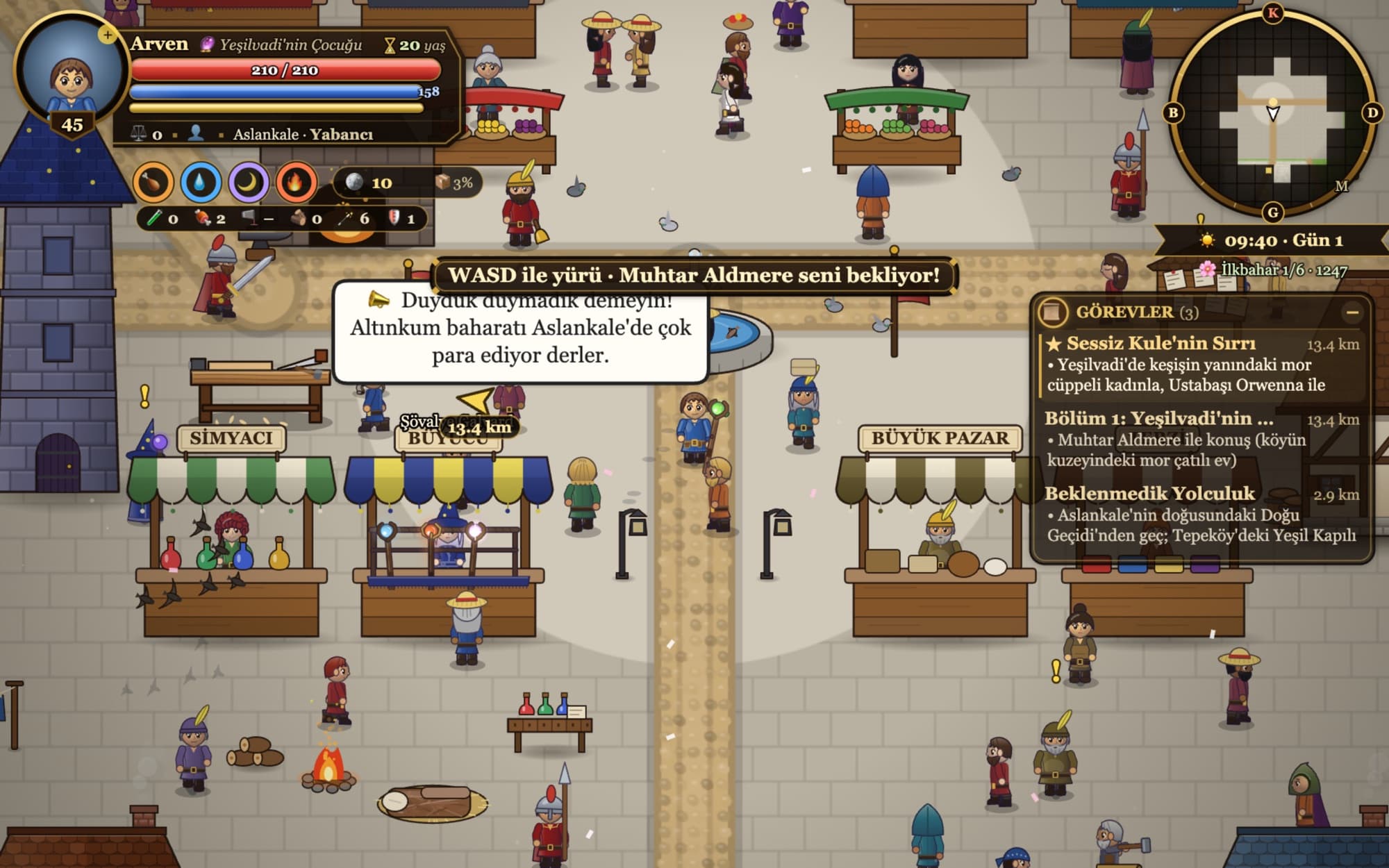 Aslankale capital market square at morning, crowded with townsfolk, merchant stalls, guards and speech bubbles