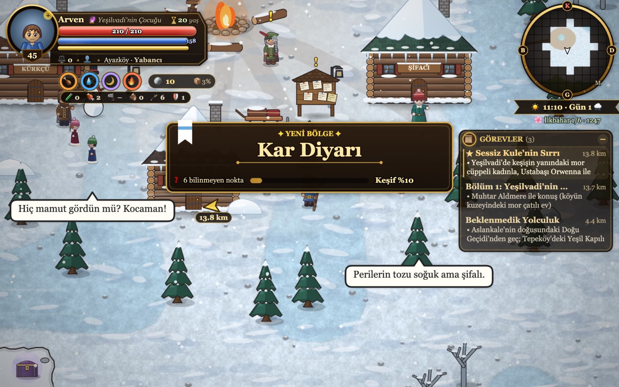 Ayazköy in the snowy north: wooden lodges, pine trees and frozen ground as the Kar Diyarı region banner appears