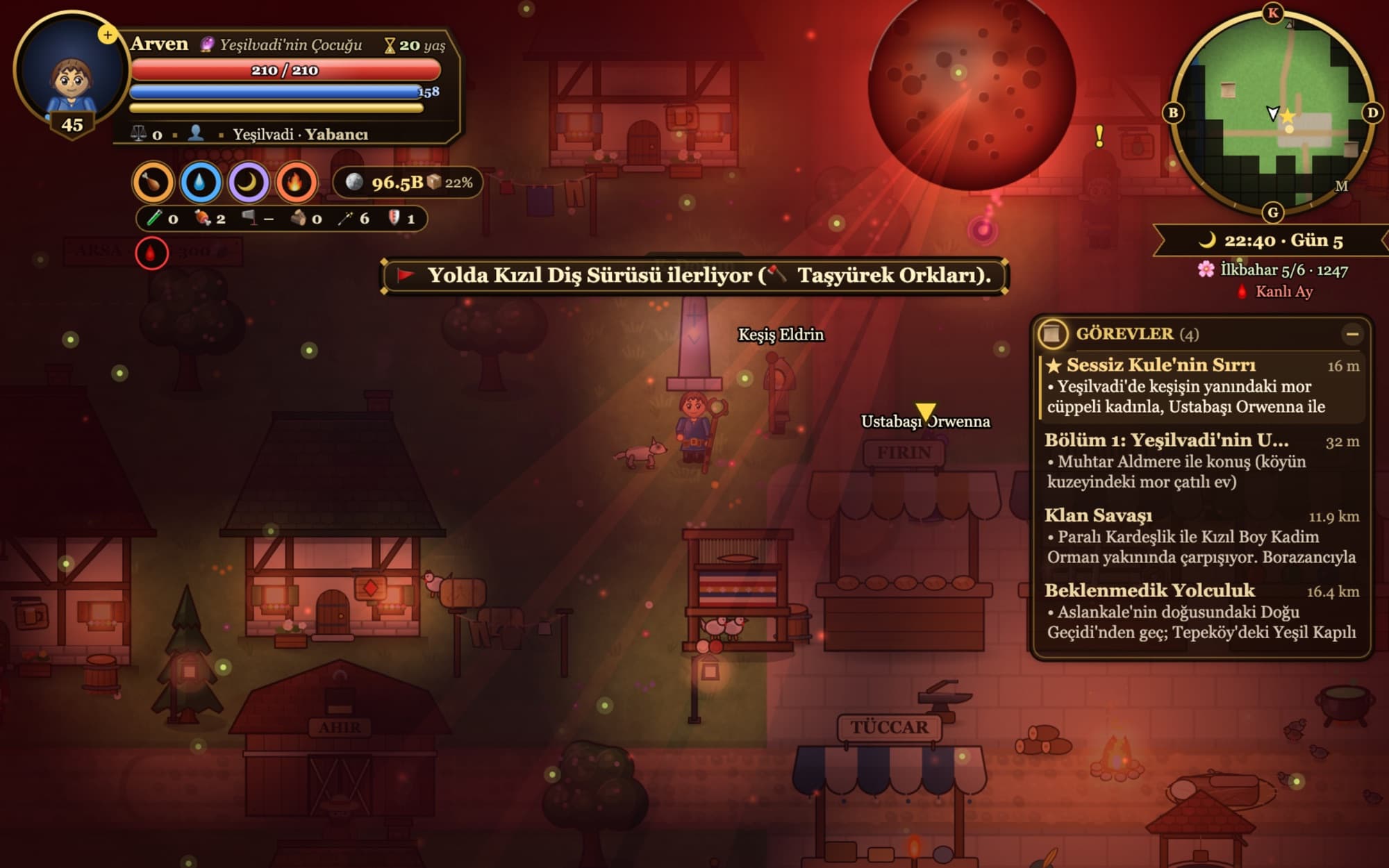 Blood Moon night over Yeşilvadi: a huge red moon tints the village crimson as a warband warning appears