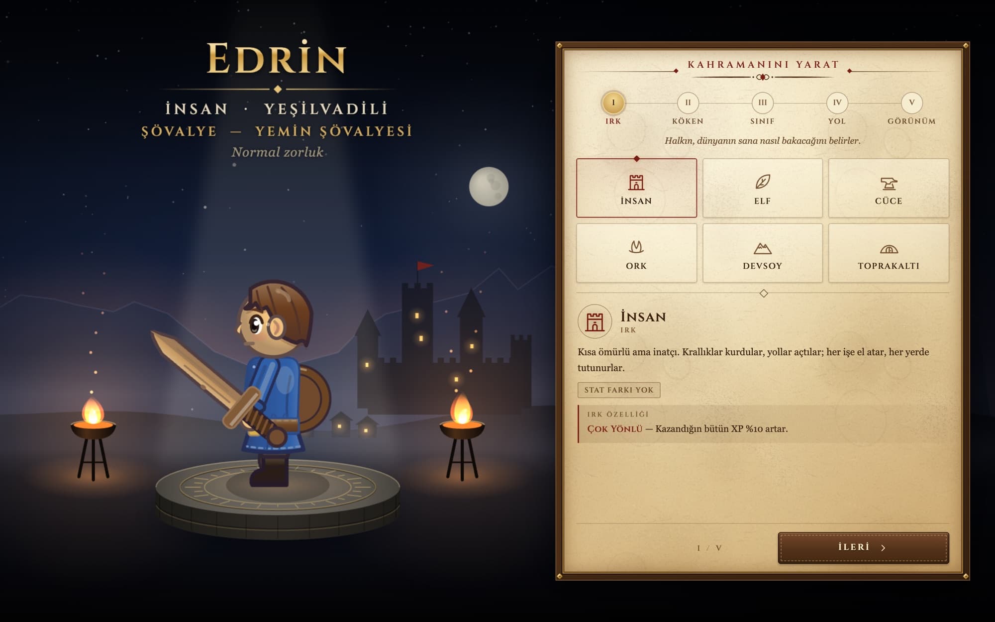 Character creation: a knight hero rotating on a stone pedestal between braziers, beside a parchment panel for choosing race and origin