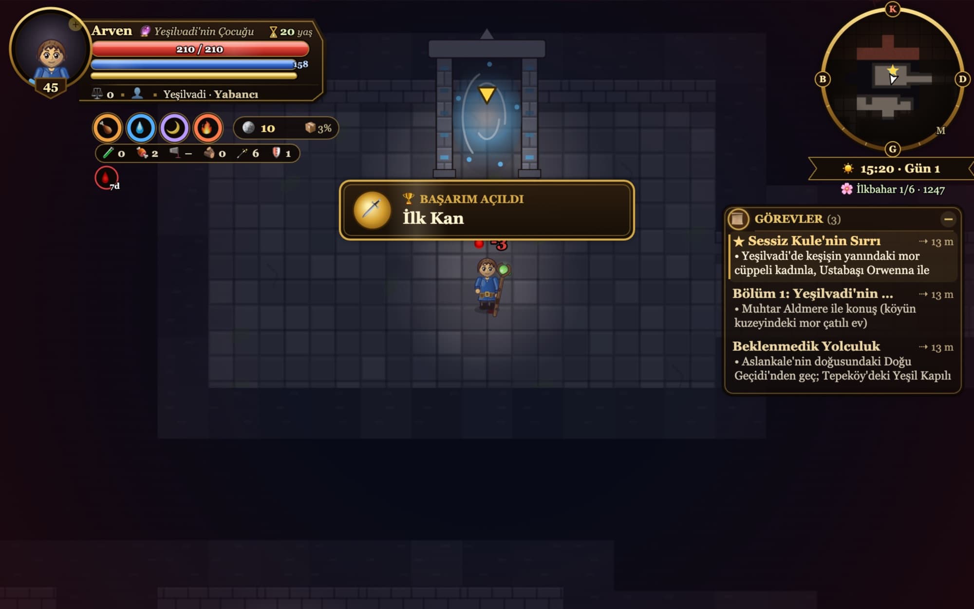 Inside the Kadim Mahzen crypt dungeon: a dark stone chamber lit by a blue portal, with an achievement toast
