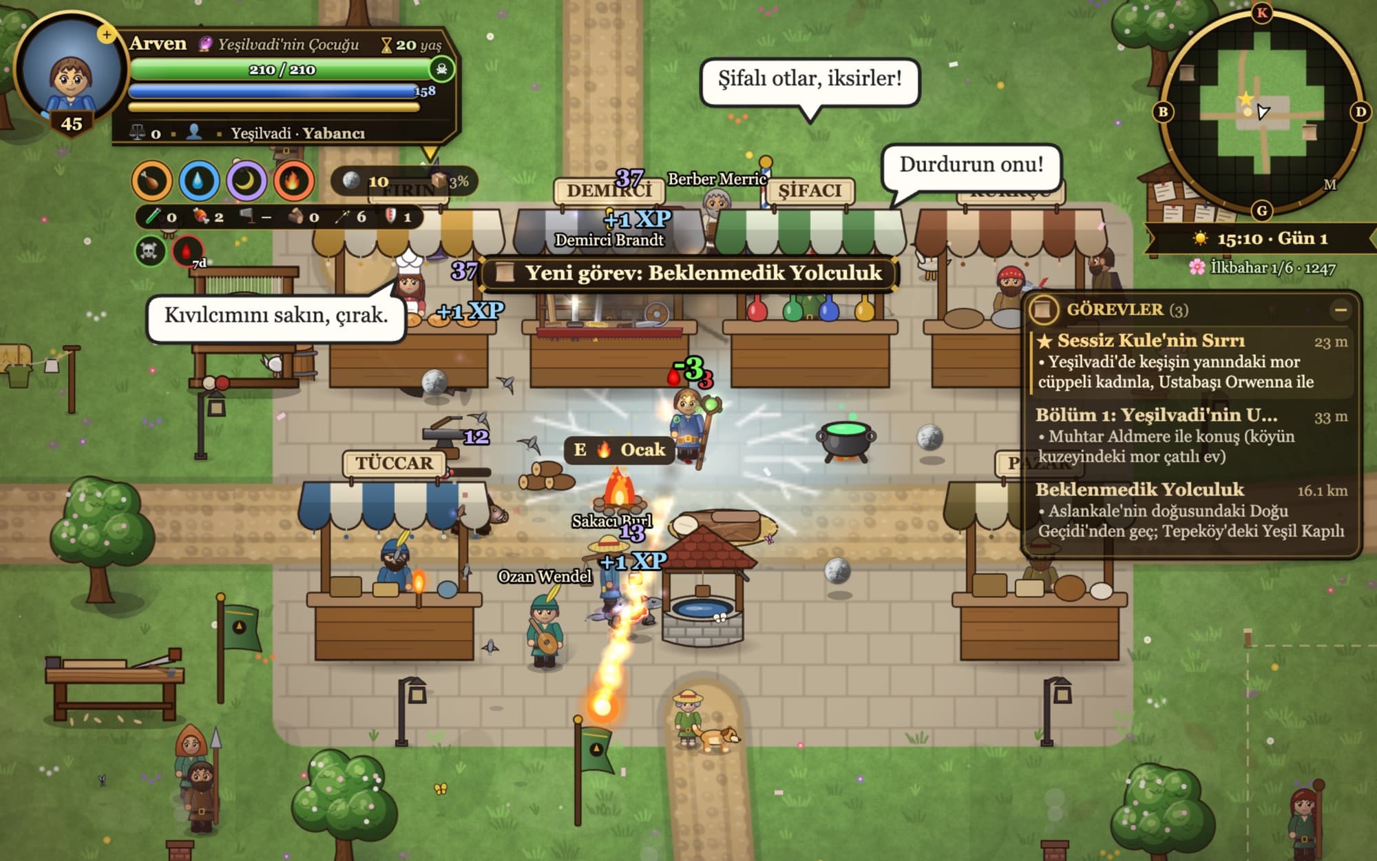 Mage combat in the village market: fireball and lightning spells burst among enemies with floating damage numbers