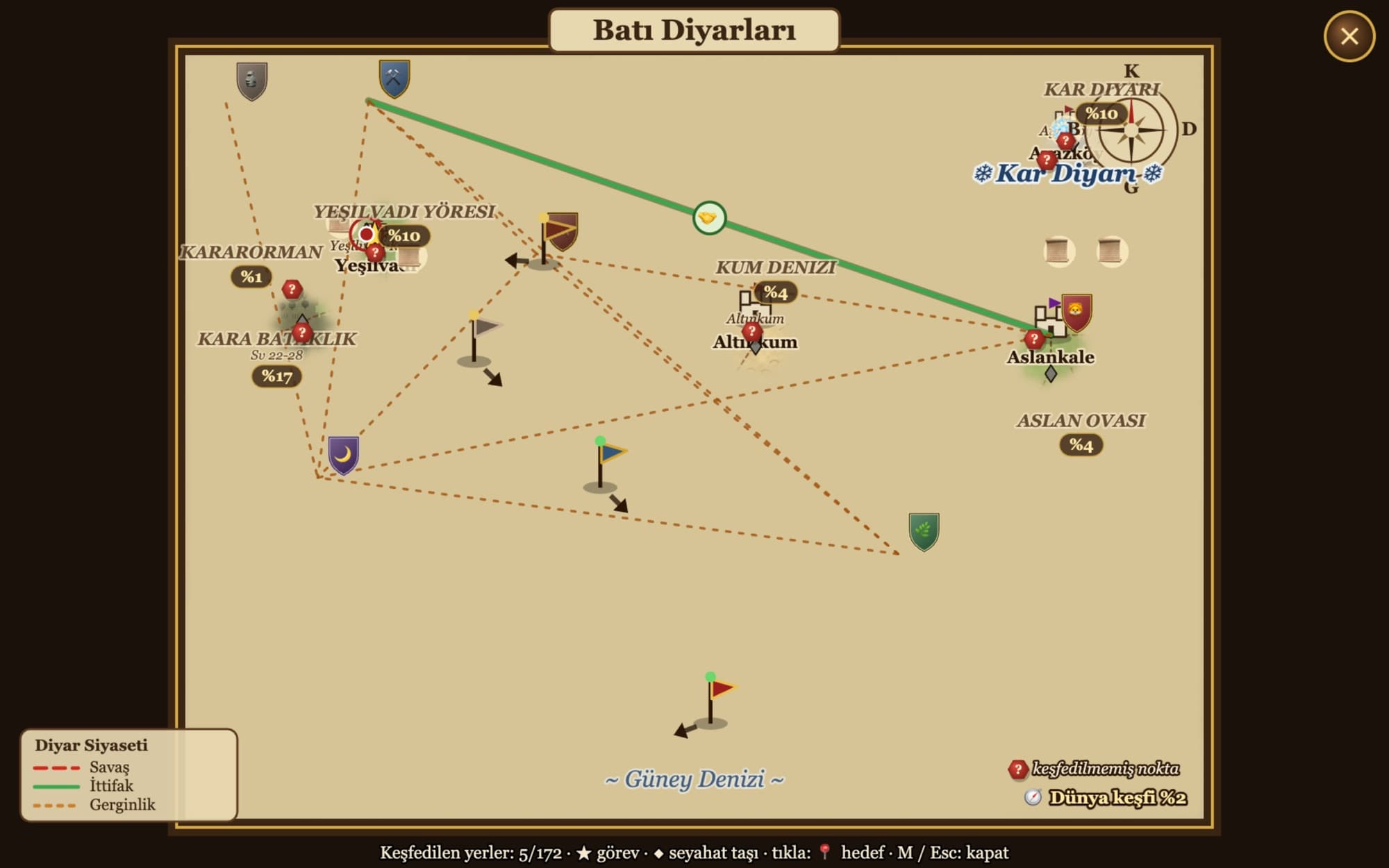 Parchment world atlas of the Western Realms showing regions, discovered places, travel routes and the player marker