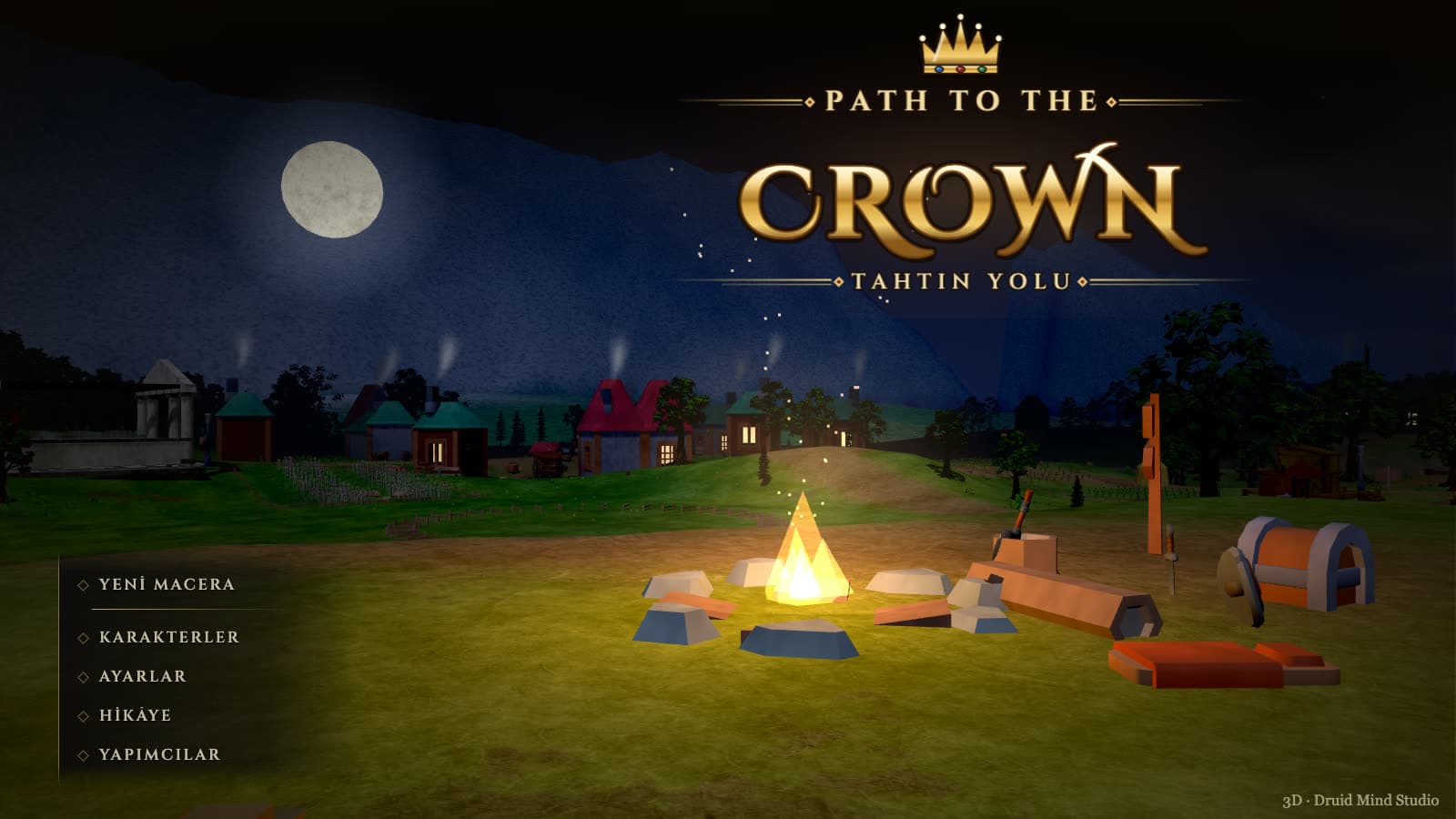 Path to the Crown 3D title screen — a campfire on a hill above the village at night