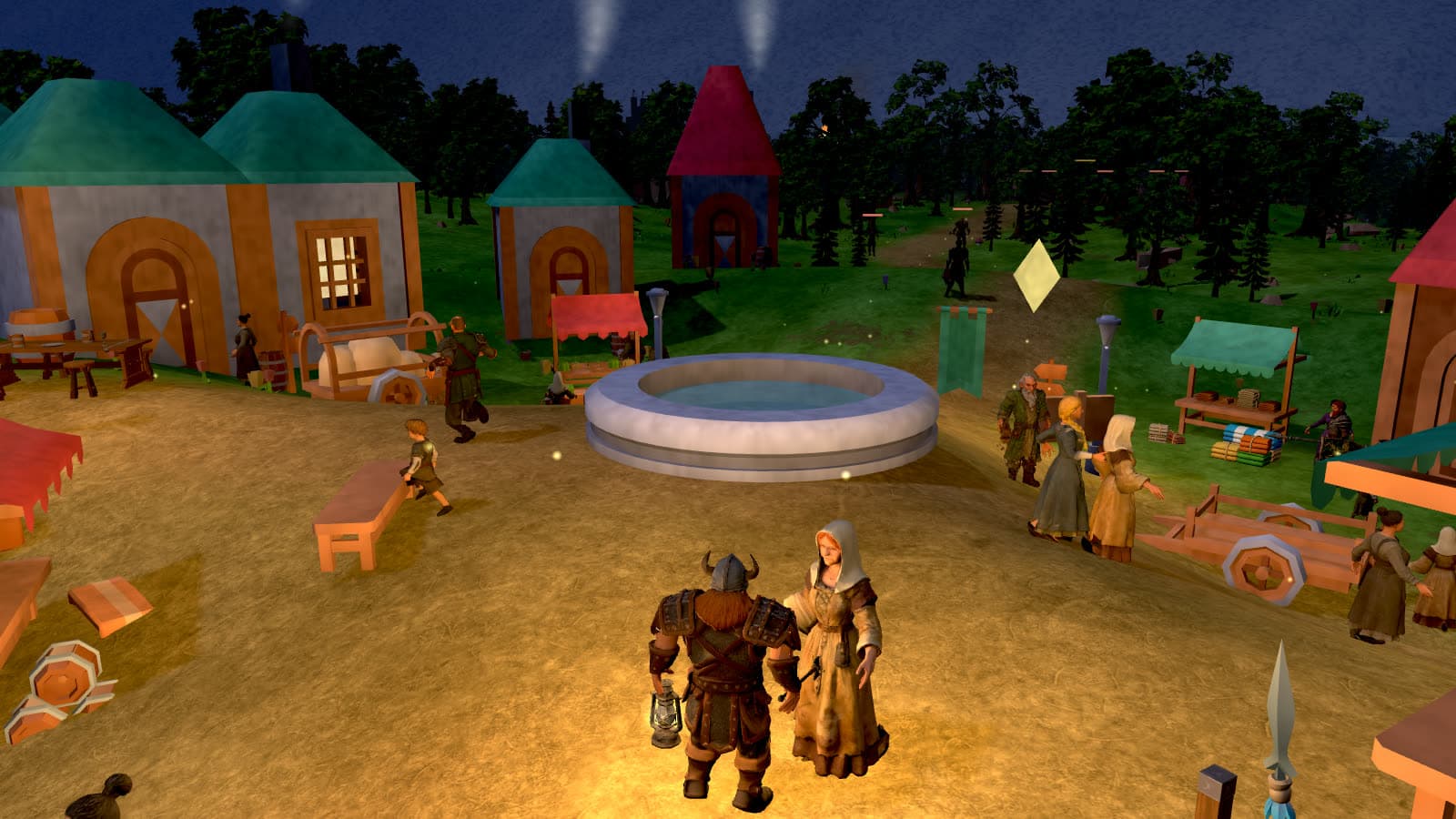 Path to the Crown 3D — a village square at night, lit by the hero's lantern